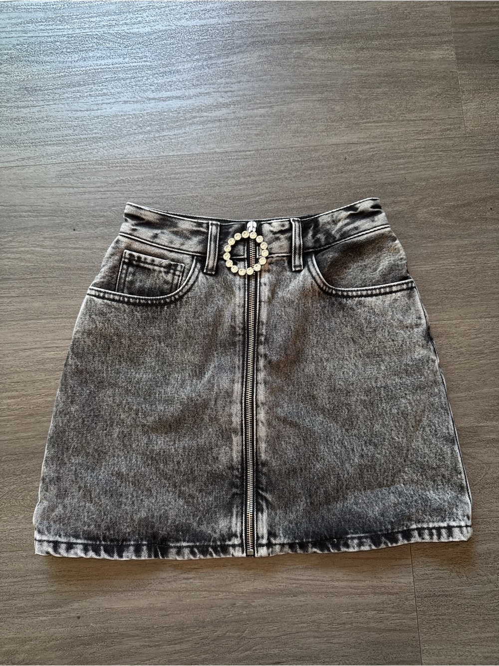 Alessandra Rich Black Washed Denim Mini Skirt with Front Zip
